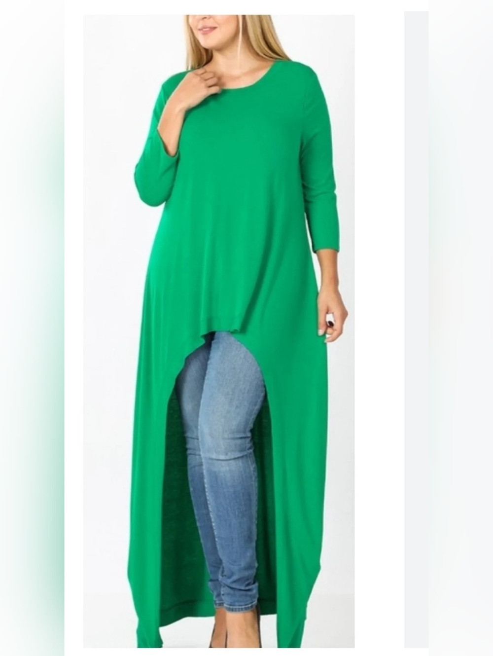Zenana Outfitters Asymmetric Hi-Low Waterfall Tunic Top | 3/4 Sleeve | Stretch - Picture 2 of 3